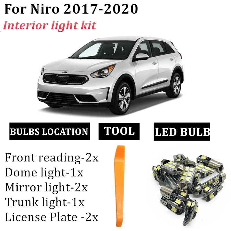

8x Car Interior Light Kit For 2017 2018 2019 2020 Kia Niro T10 LED Dome Reading License Plate Lights Mirror Makeup Trunk Lamps