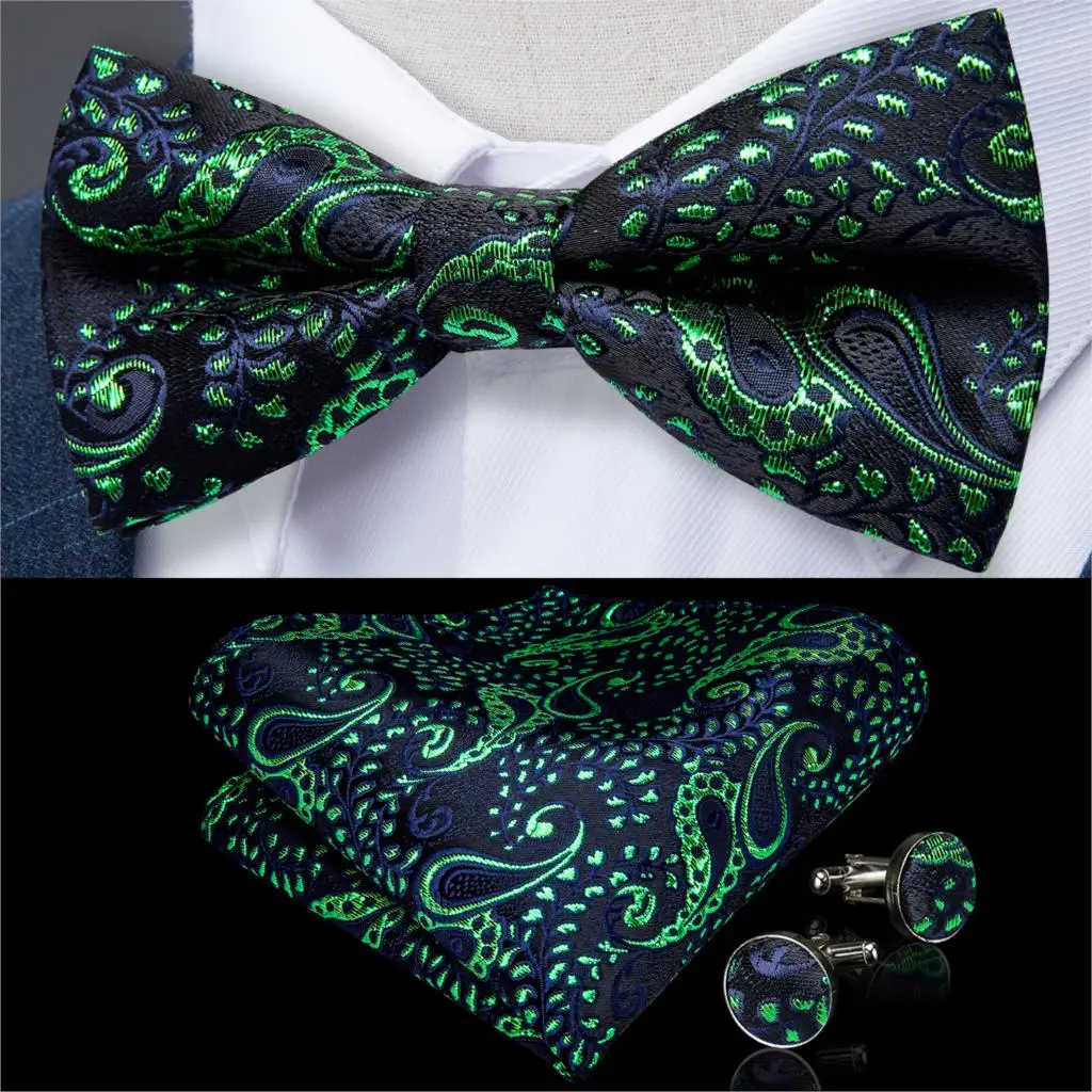 Зеленые с Пейсли дизайнерские галстуки бабочки для мужчин шелковые мужские Hanky