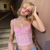 y2k aesthetics pink lace backless strappy top 2000s fashion sleeveless bow spaghetti strap short top sexy sheer fabric tops
