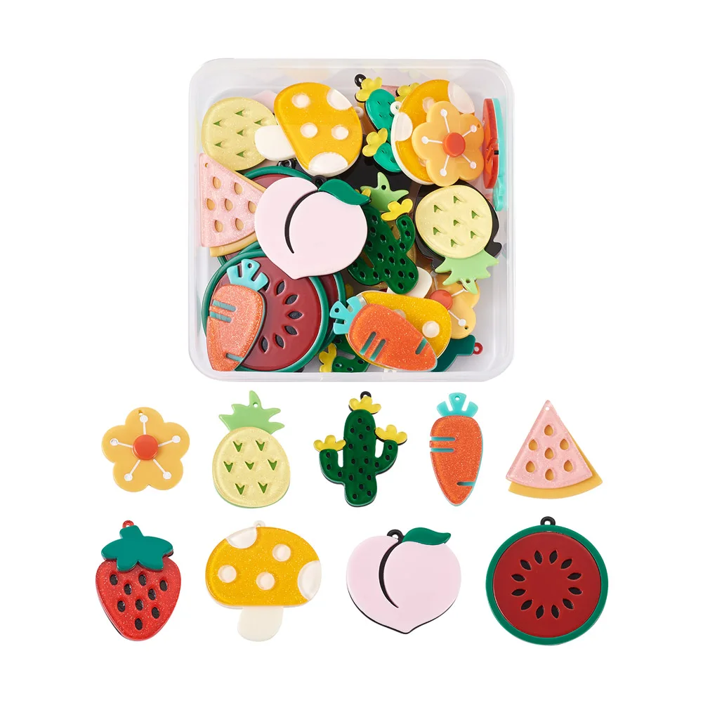 

36Pcs Mixed Cute Resin Fruits Pendants Mushroom Strawberry Pineapple Flower Acetate Charm For DIY Jewelry Making Accessories