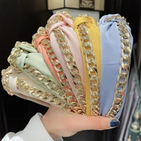 new fashion solid color knotted hairband women wide brimmed fabric golden chain headscarf autumn and winter popular headwear