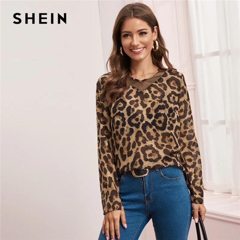 SHEIN многоцветная сетчатая вставка Леопардовый принт Топ прозрачная блузка для женщин Весна Лето V образным вырезом офисные женские повседневные блузки