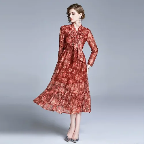 

Vintage Spring Fashion Designer Runway Lace Dress Spring Women's Bow Neck Long Sleeve Bottom Ruffles Elegant Party Lady Dresses