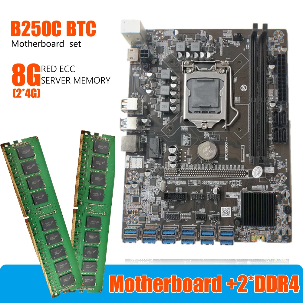 

Комплект материнской платы B250C для майнинга BTC, 12XPCIE в разъем для графической карты USB3.0, LGA1151, поддержка DDR4, 4G/8G, для майнинга Eth, BTC