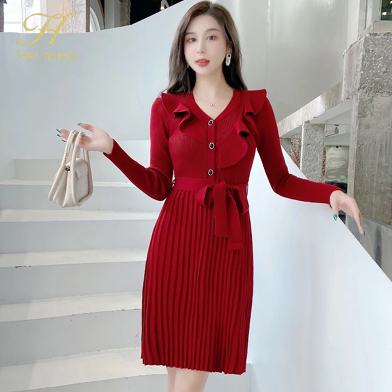 

Женское трикотажное платье-пуловер H Han Queen, повседневное простое Плиссированное Платье с V-образным вырезом, оборками и бантом на пуговицах