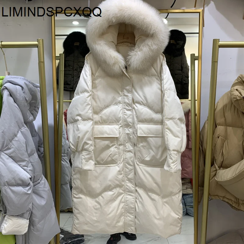 

Winter Natural Fox Fur Collar Hooded Down Jackets Womens Windbreaker Sleeve Warm Long Outwear 90% White Duck Down Coats 2021