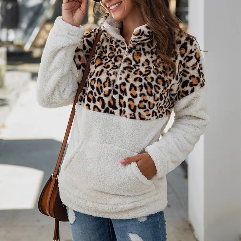 

Leopard Patchwork Fleece Sweatshirt Women Autumn Winter Casual Faux Fur Warm Female Hoodies Turtleneck Zipper Pullovers sudadera