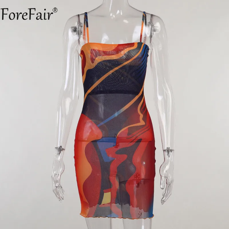 

Forefair 2021 Vintage Tie Dye Mesh Sexy Dress Women Backless Bodycon Off Shoulder Print Spaghetti Strap Summer Y2K Mini Dresses