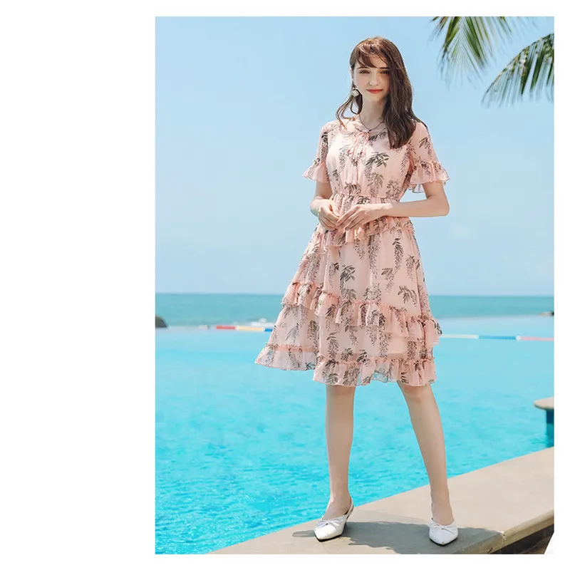 

Spring Aummer chiffon floral dress female high waist v-neck beach dress with flowered print and frill tassel European style