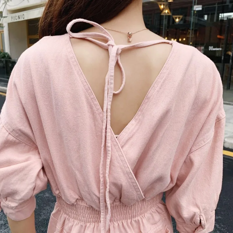 Elegant Fashion Qualities V-Neck Backless Lace Up Womens Denim Jumpsuits Half Sleeve Pocket Ankle Length Female Loose Overalls | Женская