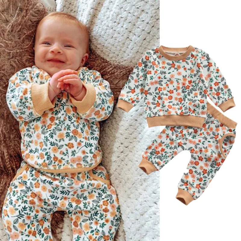 

2 Pieces Baby Suit Floral Printed Pattern Round Collar Pullover and Pants Autumn Girls Long Sleeve Tops and Pants 0-24 Months