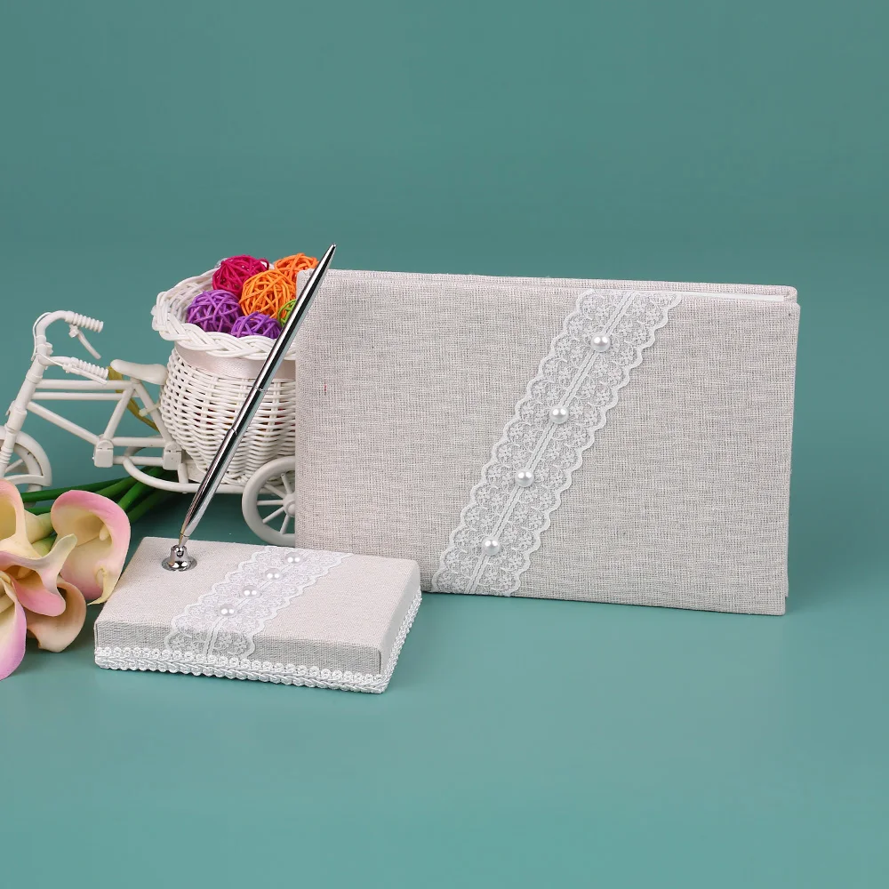 

New Wedding Decoration Vintage Burlap Lace Wedding Guset Signature Book and Pen Stand Set Rustic Wedding Decor Party Supplies