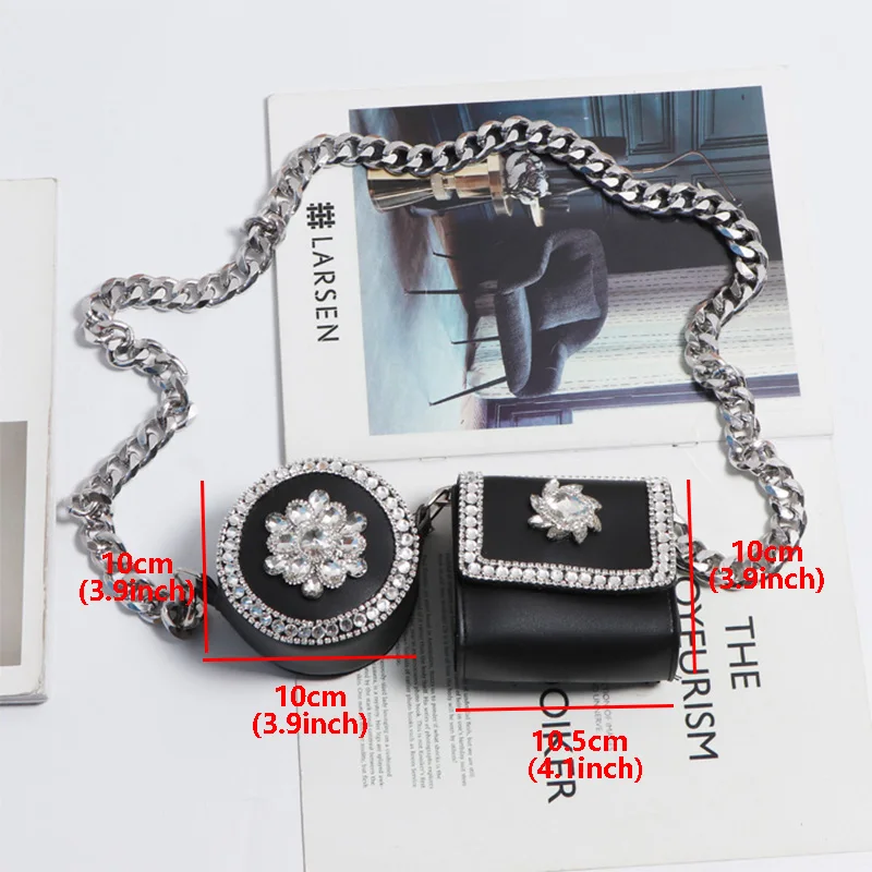 

Luxury Diamond Small 2-piece Set Crossbody Bags For Women Tassel Square Round Shoulder Bag Woman Thick Chian Women Waist Bag New