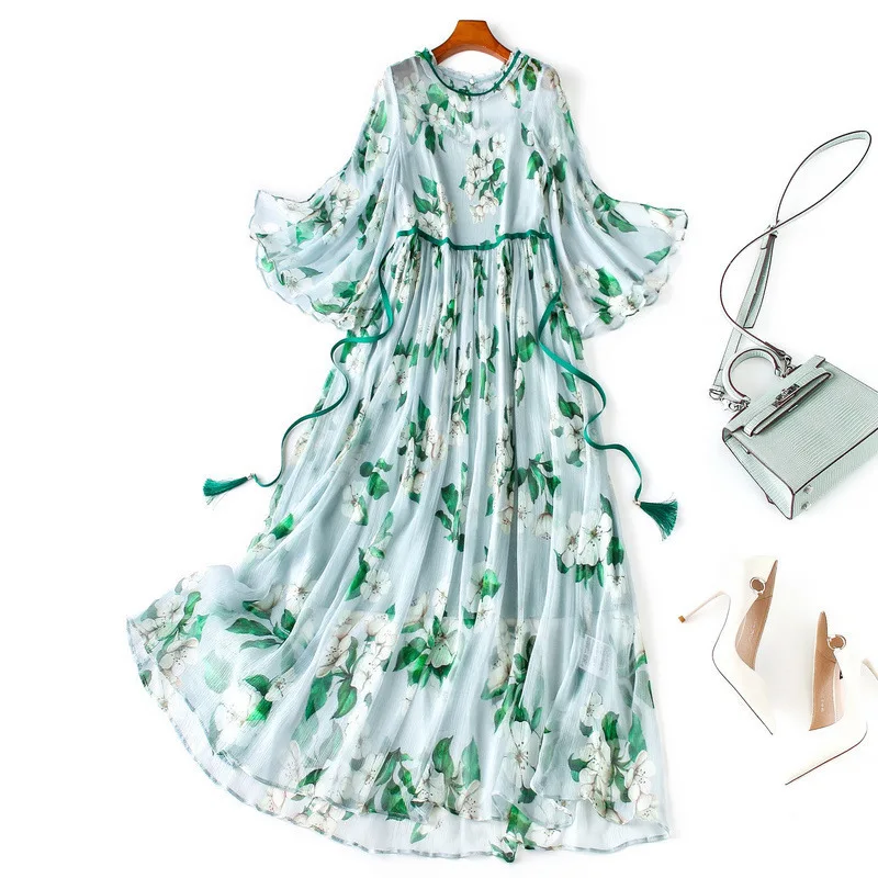 Only the 】 silk dress in summer of 2020 with A word falbala printed 81015 | Женская одежда