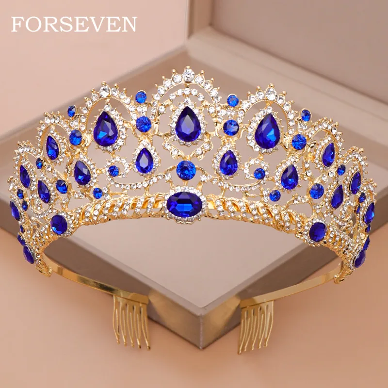 Тиары и короны Стразы невесты с голубыми кристаллами свадебные аксессуары для