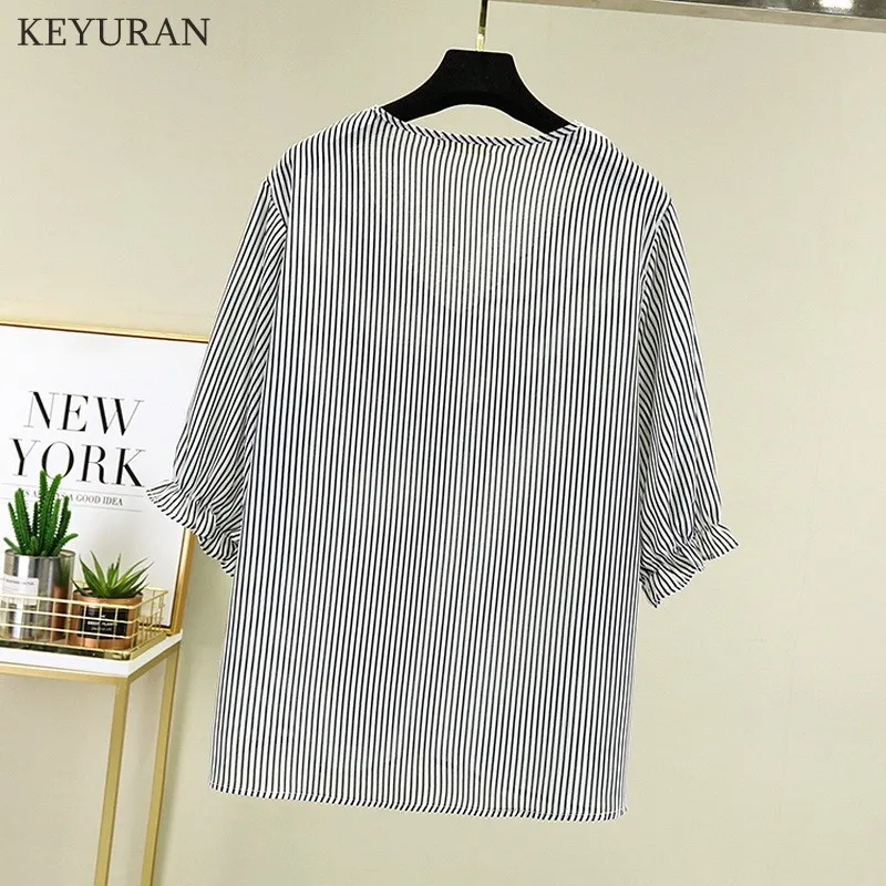 

Vintage Lace Striped Splicing Short Sleeve Blouse Shirt 2021 Summer Fashion V Neck Pullover Tops Ladies Casual Plus Size Blusa