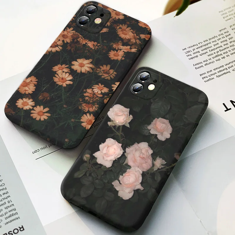 

Retro flowers chrysanthemum leaves phone case for iPhone 14 11 12 13 pro max x xr xsmax 6 7 8 plus SE Black matte silicone cover