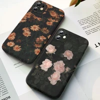 retro flowers chrysanthemum leaves phone case for iphone 11 12 13 pro max x xr xsmax 6 7 8 plus se 20 black matte silicone cover