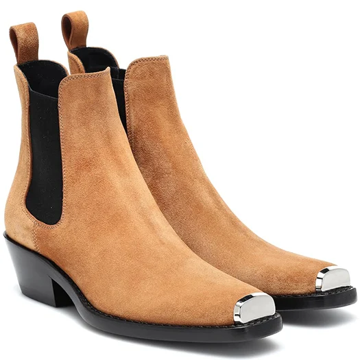 Brown Suede Осенняя обувь на меху из натуральной кожи с квадратным носком без застежки; ботинки «Челси» на массивном каблуке с металлическим украшением; большие размеры; зимние женские ботильоны в британском стиле на среднем каблуке; 10 - Color: Brown Suede