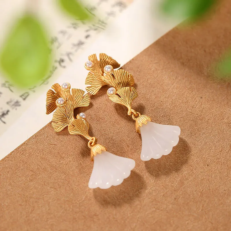 Женские серьги-подвески из серебра 925 пробы с натуральным нефритом | Украшения и