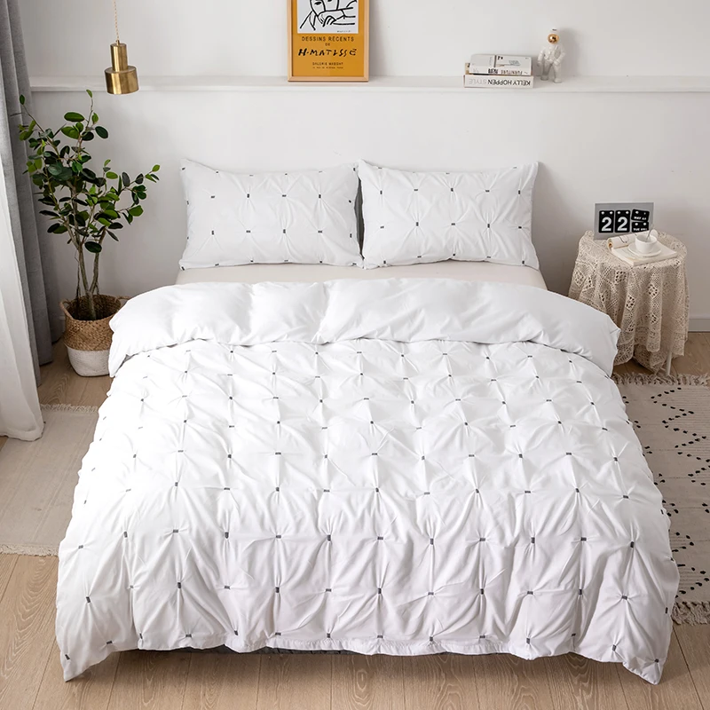 2/3Pcs Simple Style Solid Bedding Sets Square Pinch Pleat Handmade Flower Duvet Cover Set Single/Twin/Queen/King Size | Дом и сад