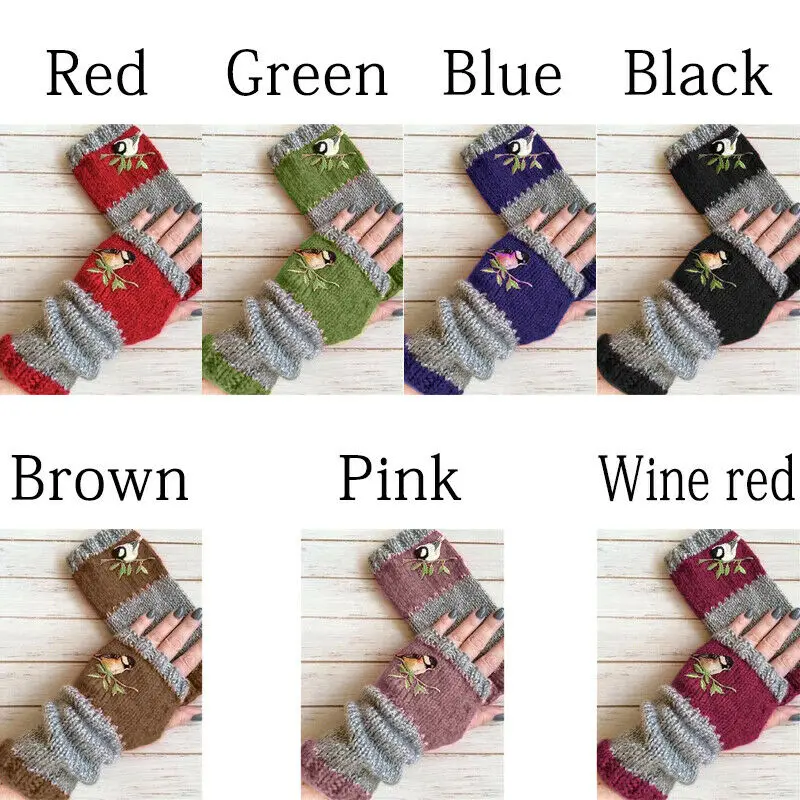 

Fashion Warm Stitching Embroidered Gloves Women Fingerless Gloves Knitted FK88