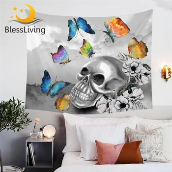 BlessLiving Gothic Wall Carpet Floral Wall Hanging Black and White Skull Tapestry Colorful Butterflies Bedspreads Wall Blanket 1