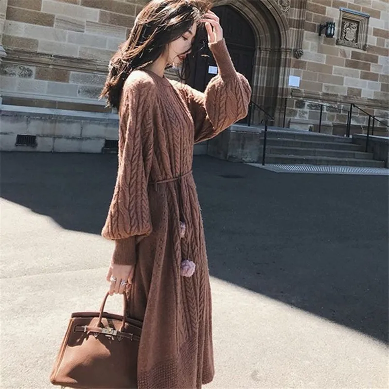 Модное зимнее вязаное платье свитер женская одежда свободное плотное женское