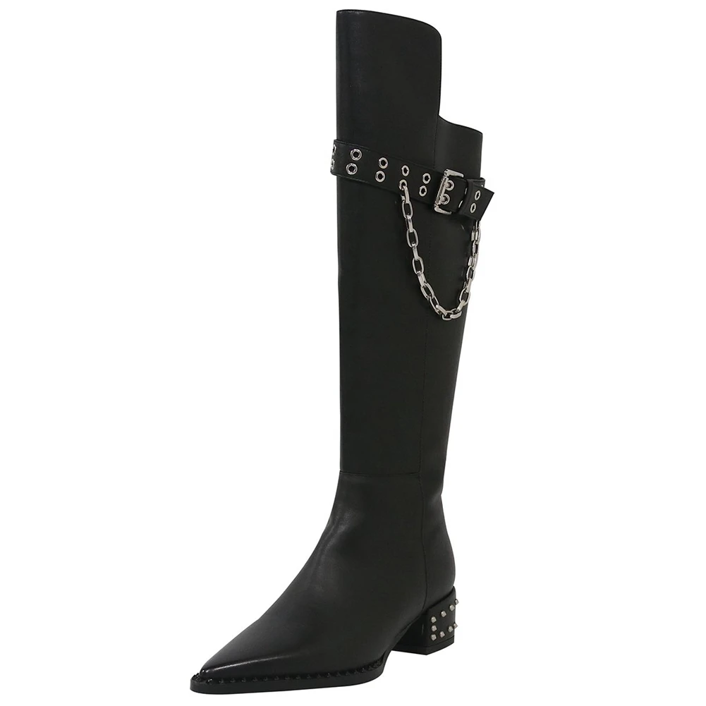 

Brand New Fashionable Cool Chic Genuine Leather Rivets Chains Riding Boot Winter Women Shoes Boots Female