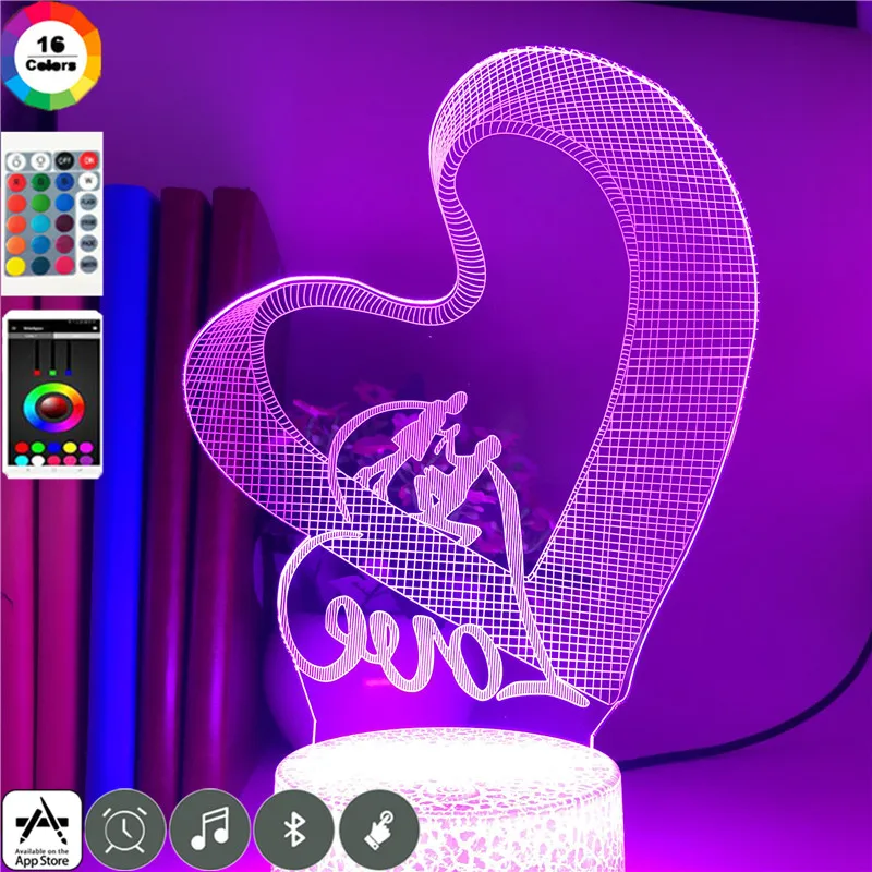 

Smart Phone Control Love Shape 7 Colors Night Light Party Atmosphere Child Bedroom Decoration 3d Led Acrylic Romantic Table Lamp