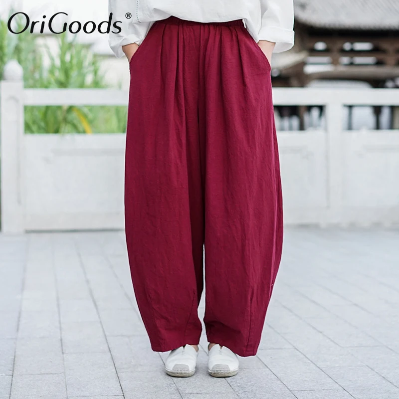 Оригинальные женские бриджи из хлопка и льна свободные брюки с эластичным поясом