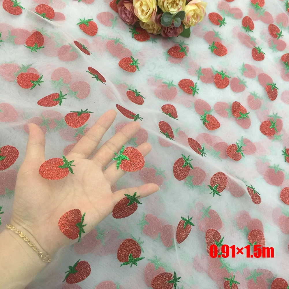 

0.91*1.5M Light Pink Lace Fabric Wedding Decoration Glitter Bronzed Strawberry Print For Sewing Dress Fashionable Lace Fabric