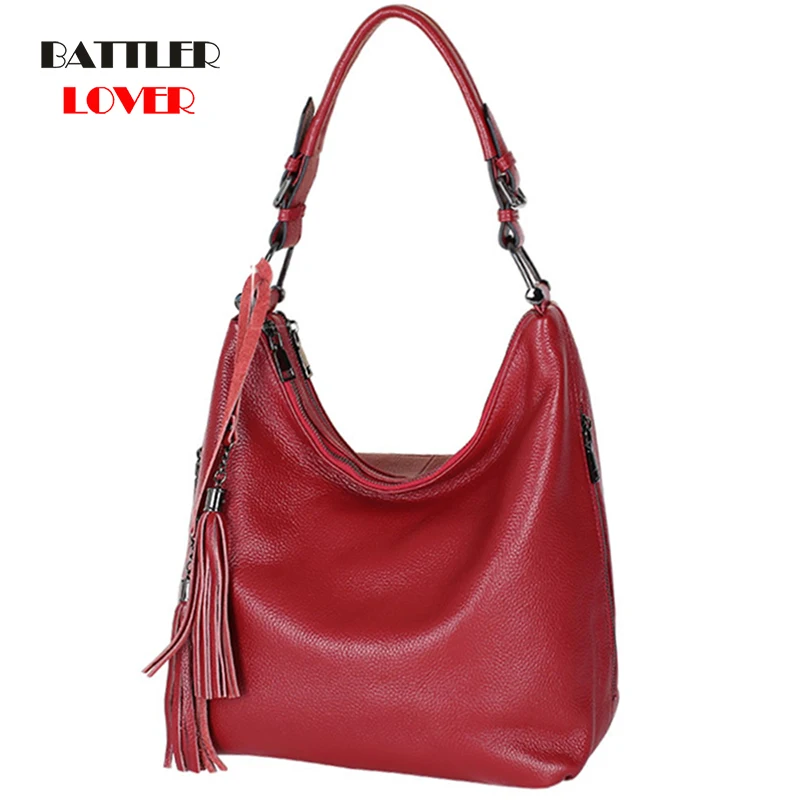 

Genuine Cow Leather Shoulder Bags For Women 2021 Tassel Design Handbags Female Retro Style Satchels Ladies Classic Casual Totes