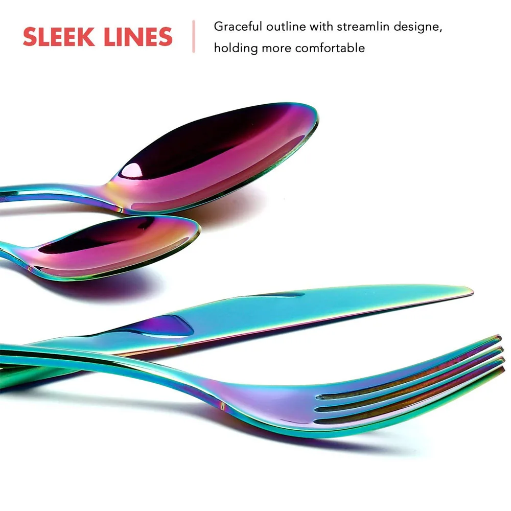 24 PCS Flatware Set Cutlery Stainless Steel Dinnerware Rainbow Colorful Silverware Tableware Hotel Party Kitchen Gift Talher | Дом и сад