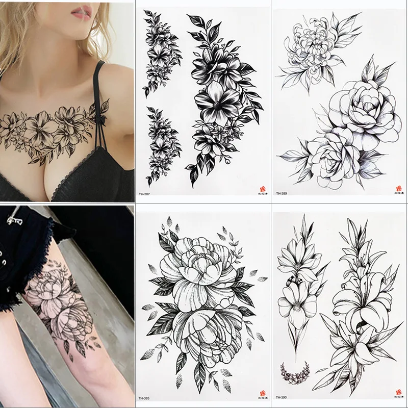 

Tattoo Stickers Black Colour Flower Clock Waterproof Stickers Arm Leg Chest Back Man And Woman Cool Temporary Tattoo Body Art