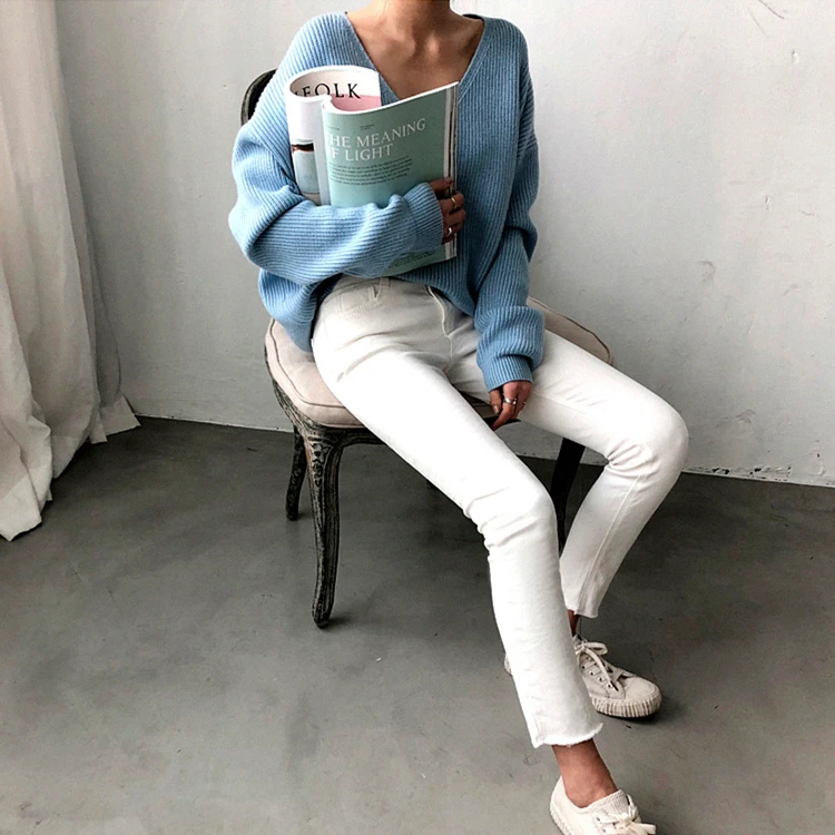 

Free size New Autumn Winter Women's Sweaters V-Neck Minimalist Tops Fashionable Korean Style Knitting Casual Solid E8112-58
