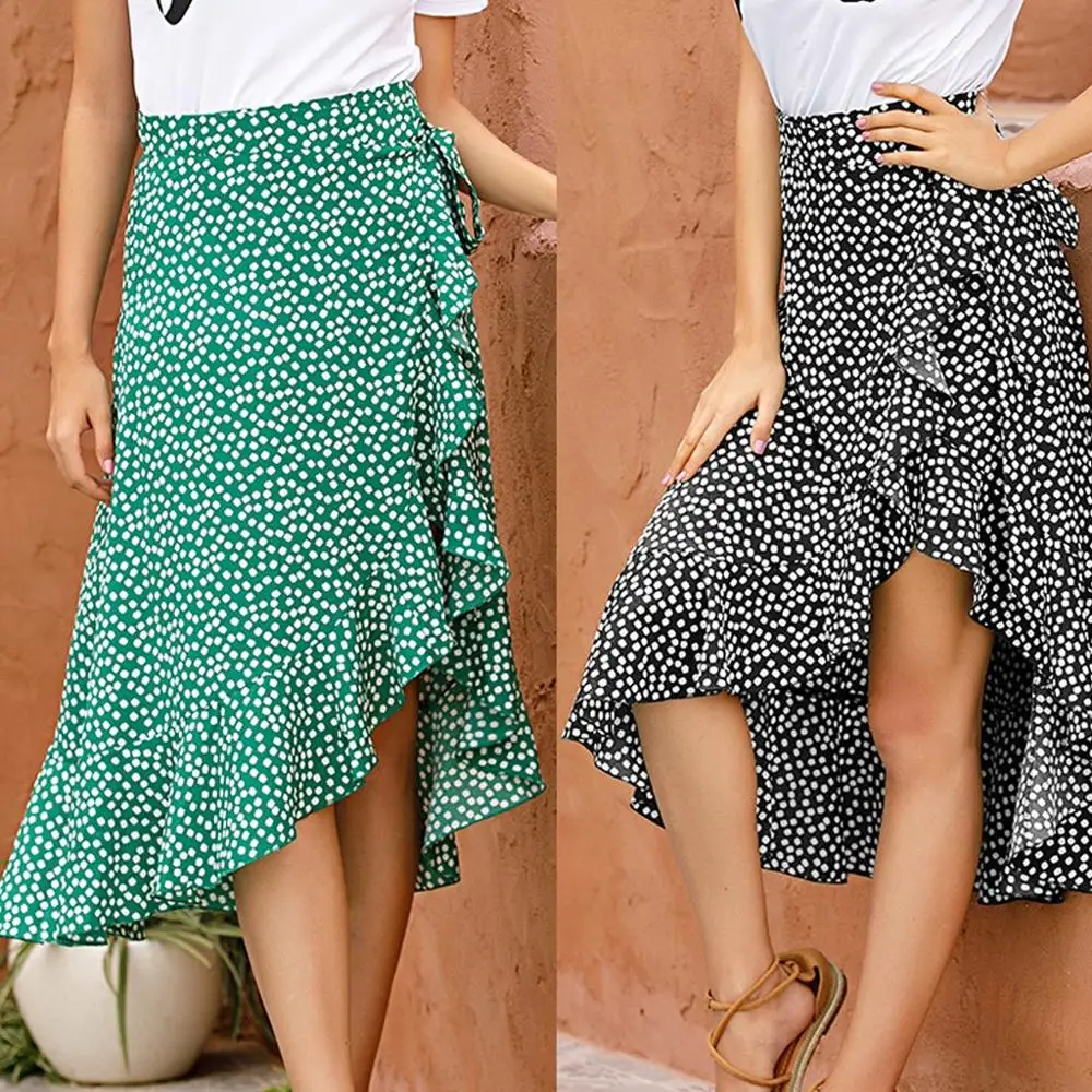 

Women Dots Print Chiffon Midi Skirt Elastic Waist Asymmetrical Ruffle Hem Wrap Long Skirts Summer 2020 Elegant Skirt jupe femme