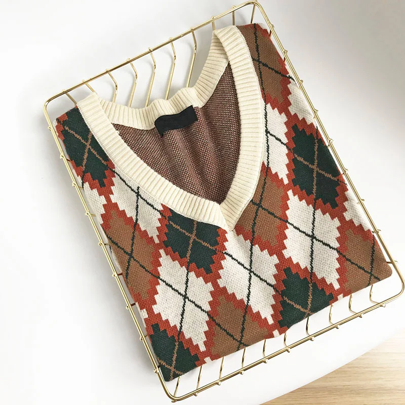 

Vintage Stylish Knit Sweater Vest Women Plaid Pullover 2020Autumn Fashion Oversized Sweater Korean Top Vest French Style Outwear
