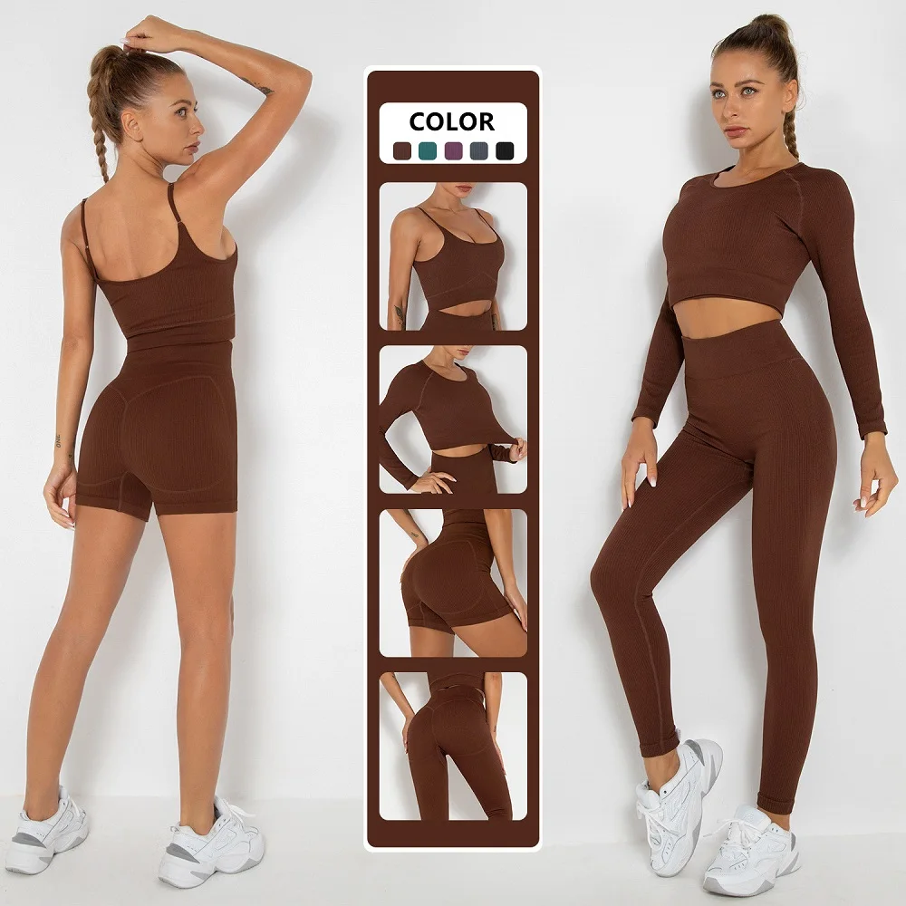 

Solid Color Yoga Set Seamless Women Gym Sport Suit 2PCS Sportswear Fitness Bra Crop Top High Waist Leggings Shorts Workout Set