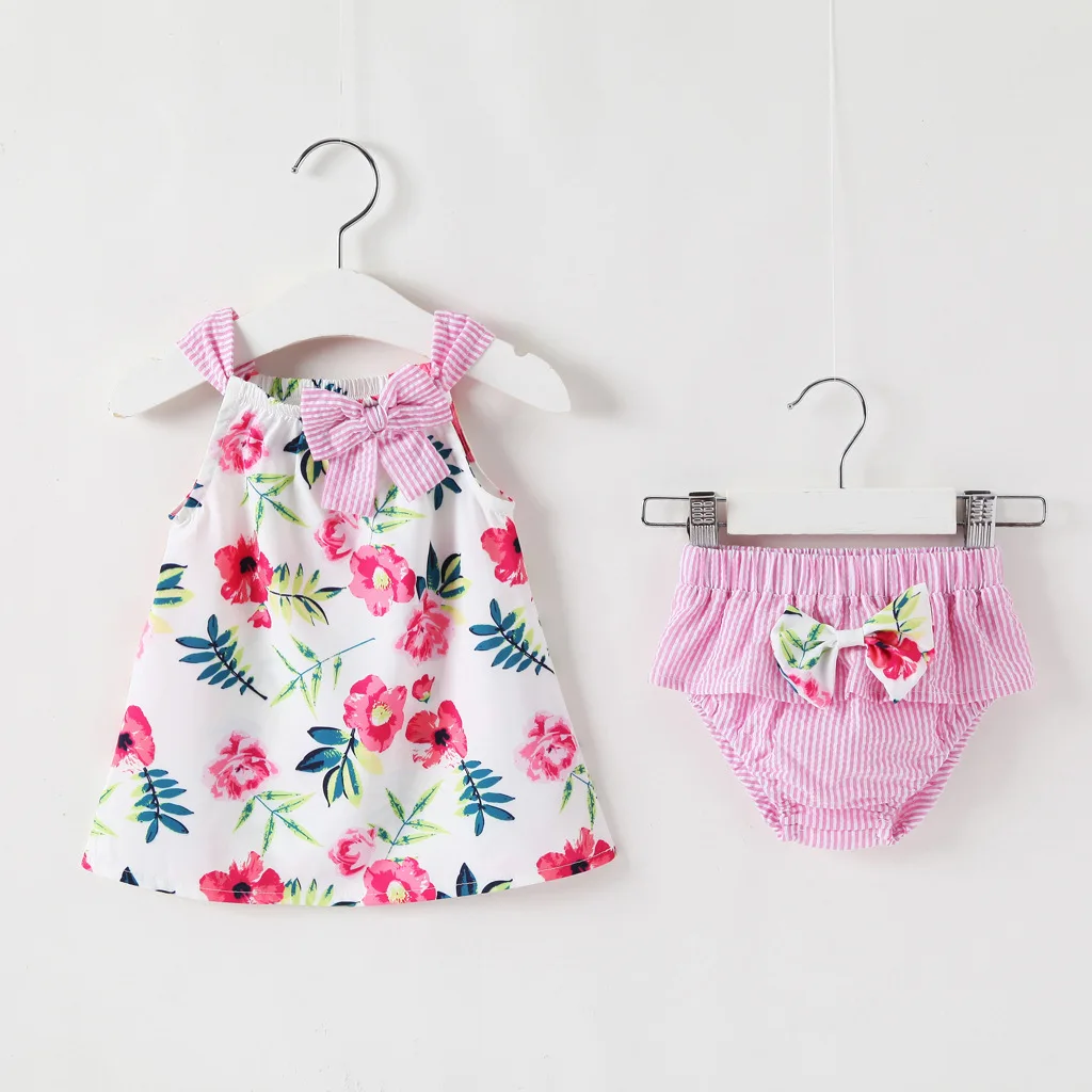 

Детский летний наряд, топ без рукавов с цветочным принтом и штанишки в полоску из ПП, Весенняя Милая одежда для маленьких девочек, крутая при...