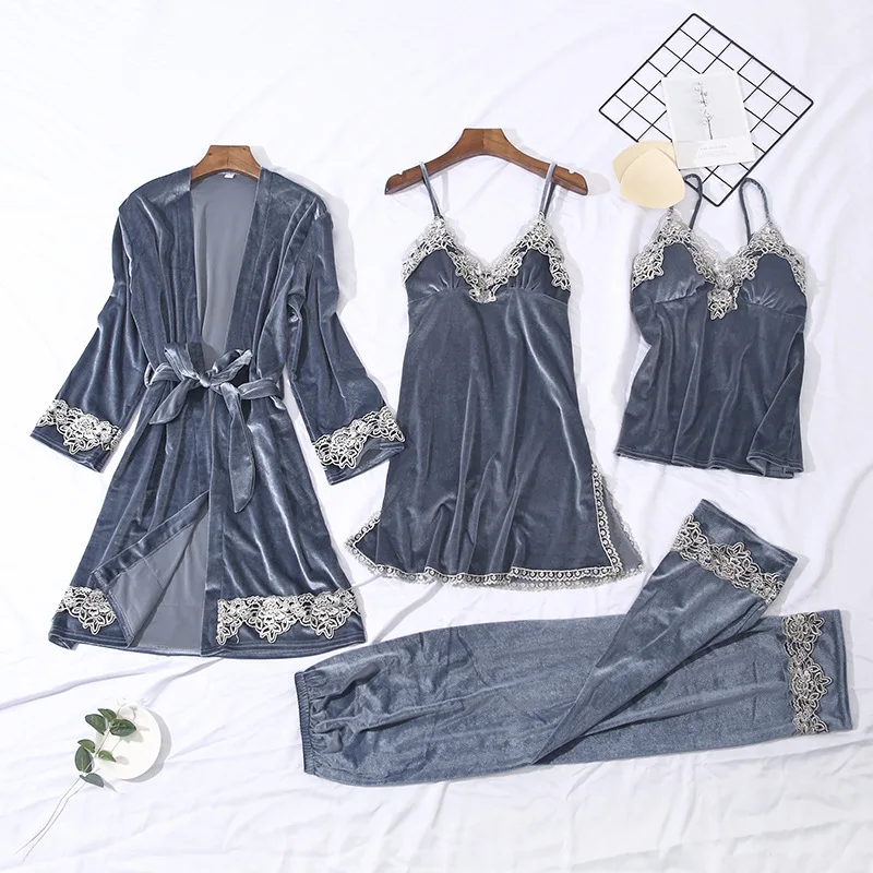 Autumn Winter Velvet Pajamas for Women Pyjamas Warm Sleepwear V-Neck Pijama Mujer 4 Piece Sets Chest Pads | Женская одежда