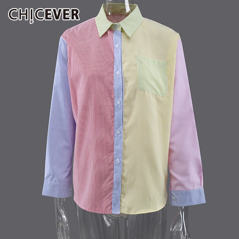 

CHICEVER розовая полосатая цветная рубашка с длинным рукавом для женщин, воротник с отворотом, свободная блузка на пуговицах, Женская корейская...