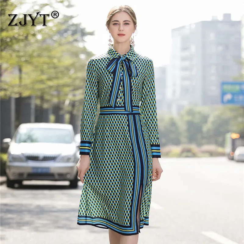 Подиумные новые модные женские весенние платья, элегантные платья с длинным рукавом и геометрическим принтом, повседневные алиновые платья до колен