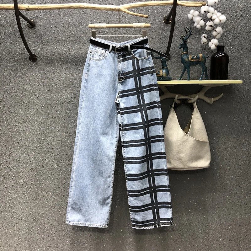 

2021 клетчатые Широкие джинсовые брюки с высокой талией, уличные женские джинсы, полная длина, джинсы для мам, женские джинсы, бесплатная дост...