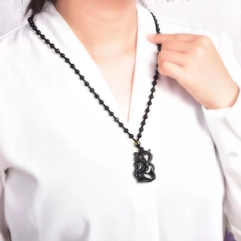 

1pc Natural rainbow obsidian eye carving fox pendant + Bead Chain