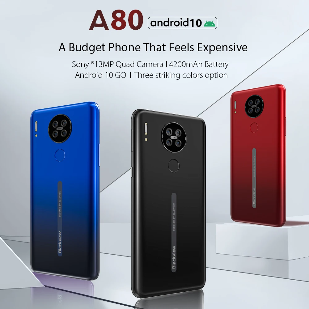 Tanie Blackview A80 Quad Tylna Kamera Android 10.0 Go Telefon Komórkowy 6.21 'waterdrop Ekran HD 2GB + 16GB Telefon Komórkowy 4200mAh 4G Smartphone