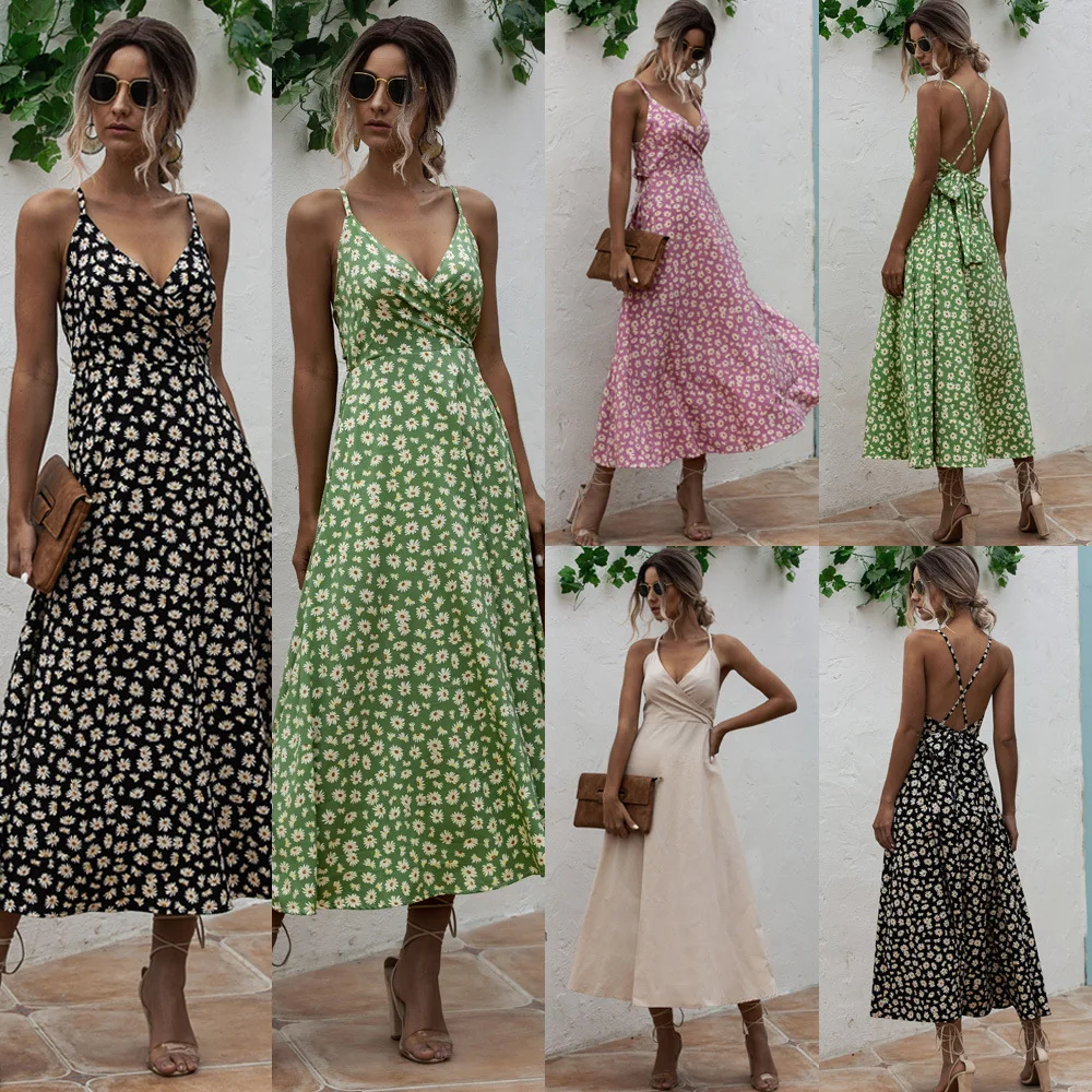 

Summer 2020 Elegant Floral Print Women Dress Suspenders V-neck Midi Dress Backless Cross Beach Sundresses Holiday Vintage