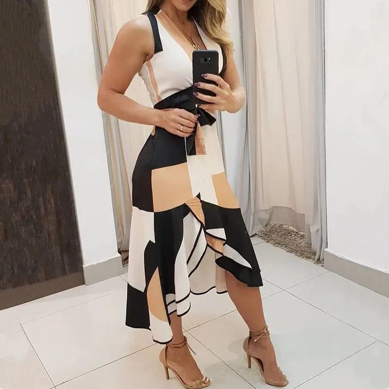 

Women Sexy Summer Print V Neck Tunic Midi Dress 2021 Fashion Geometry Print Irregular Bohemia Office Ladies Dresses Casual Wear