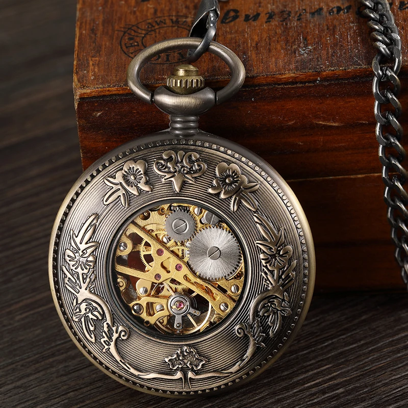 High Quality Wood Mechanical Pocket Watch Antique Skeleton Dial Fob Chain Case Hanging Clock with Gift Box for Men Dropshipping