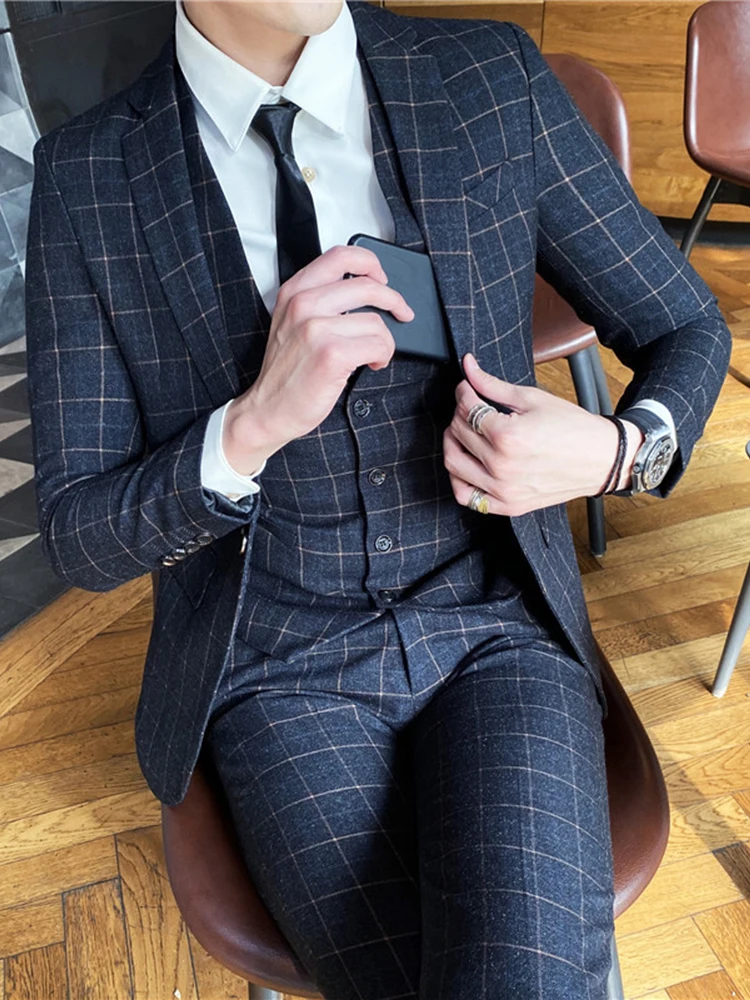

New Boutique 3PCS Set Plaid Men's Wedding Suit Korean Slim Fit(Jacket+Vest+Pants)Homme Costume Tuxedo Casual Banquet Male Blazer